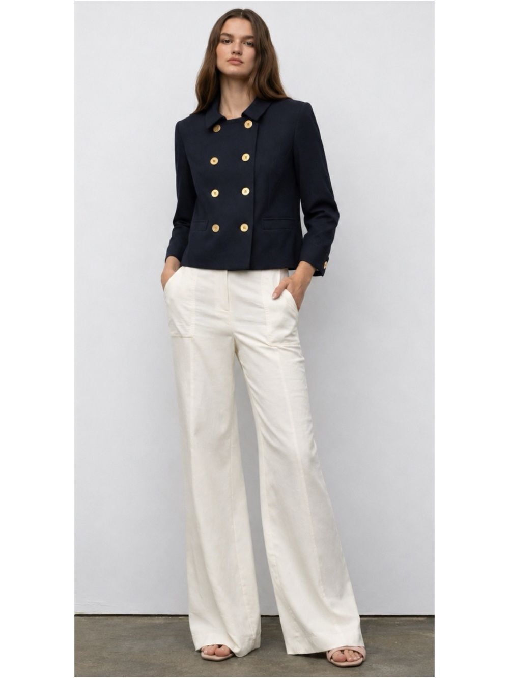 Iris Setlakwe Classy Navy Double-Breasted Cropped Jacket ~ Gold Buttons Size 8